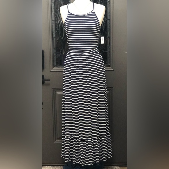 NWT- Old Navy High-Neck Ruffle-Hem Striped Maxi Dress - Picture 2 of 8